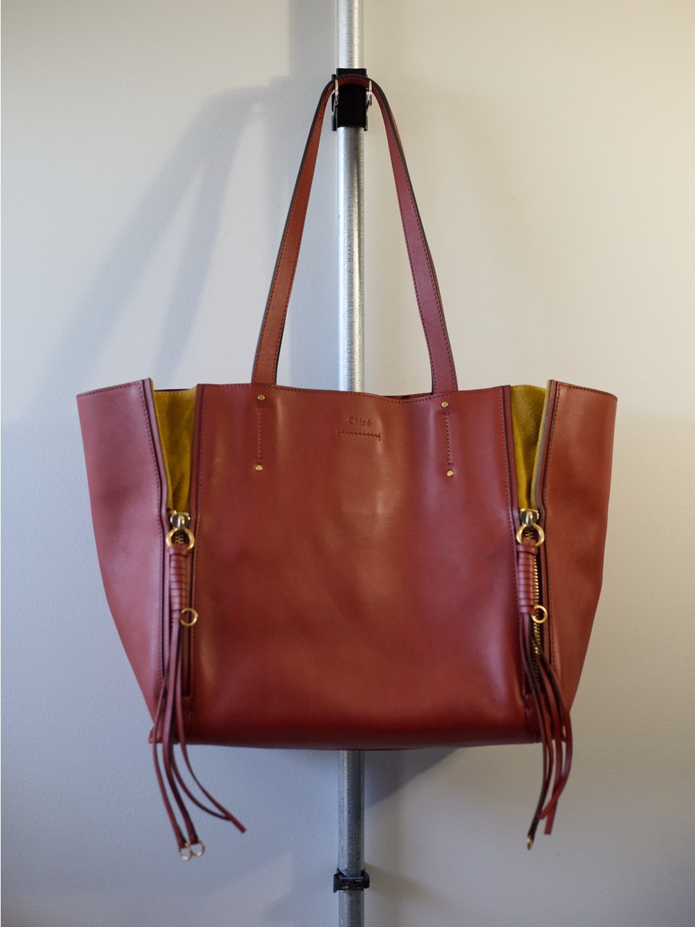 Chloe Milo Burgundy Leather Tassel Tote with Mustard Suede Interior